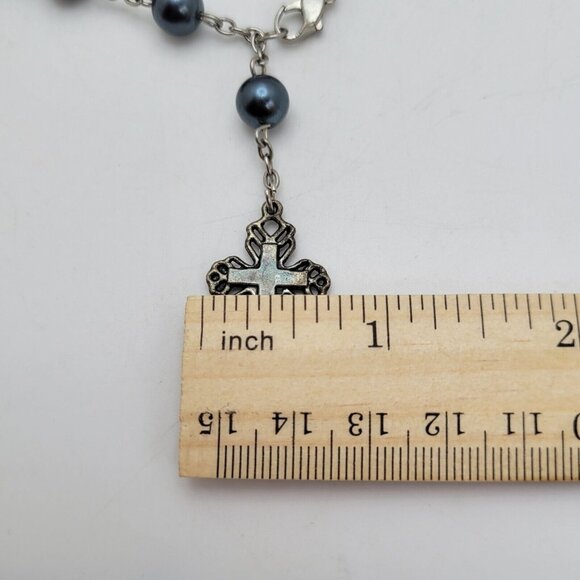 Religious Faith Rosary Style Dark Blue Gray Beaded Ornate Cross Charm Bracelet‎ - Picture 6 of 8
